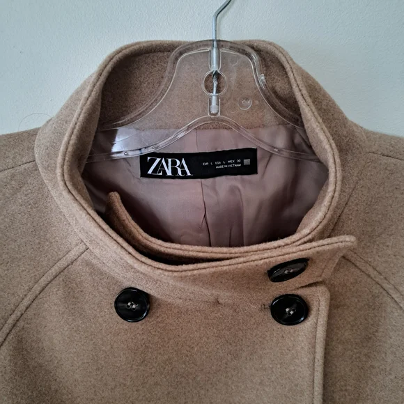 Zara Women's Camel Double-Breasted Pea Coat - Picture 3 of 7